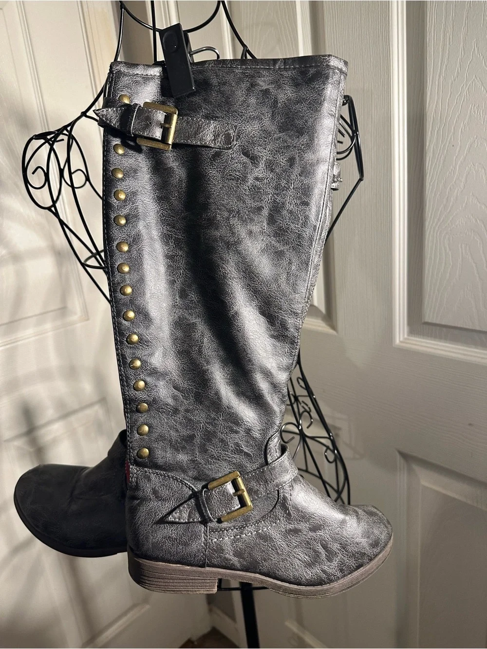 Grey Journee Collection studded knee-high boots buckle & Rivet details
